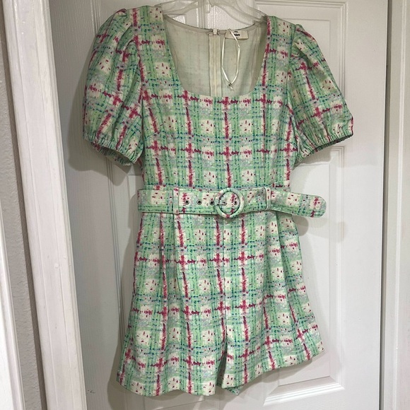 NEW green and pink tweed belted romper - Picture 2 of 11